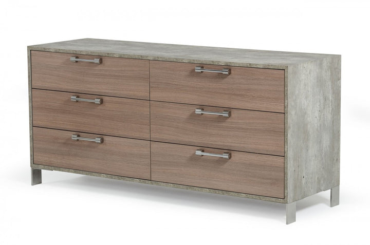 64" Brown Oak Grey Solid And Manufactured Wood Six Drawer Standard Dresser