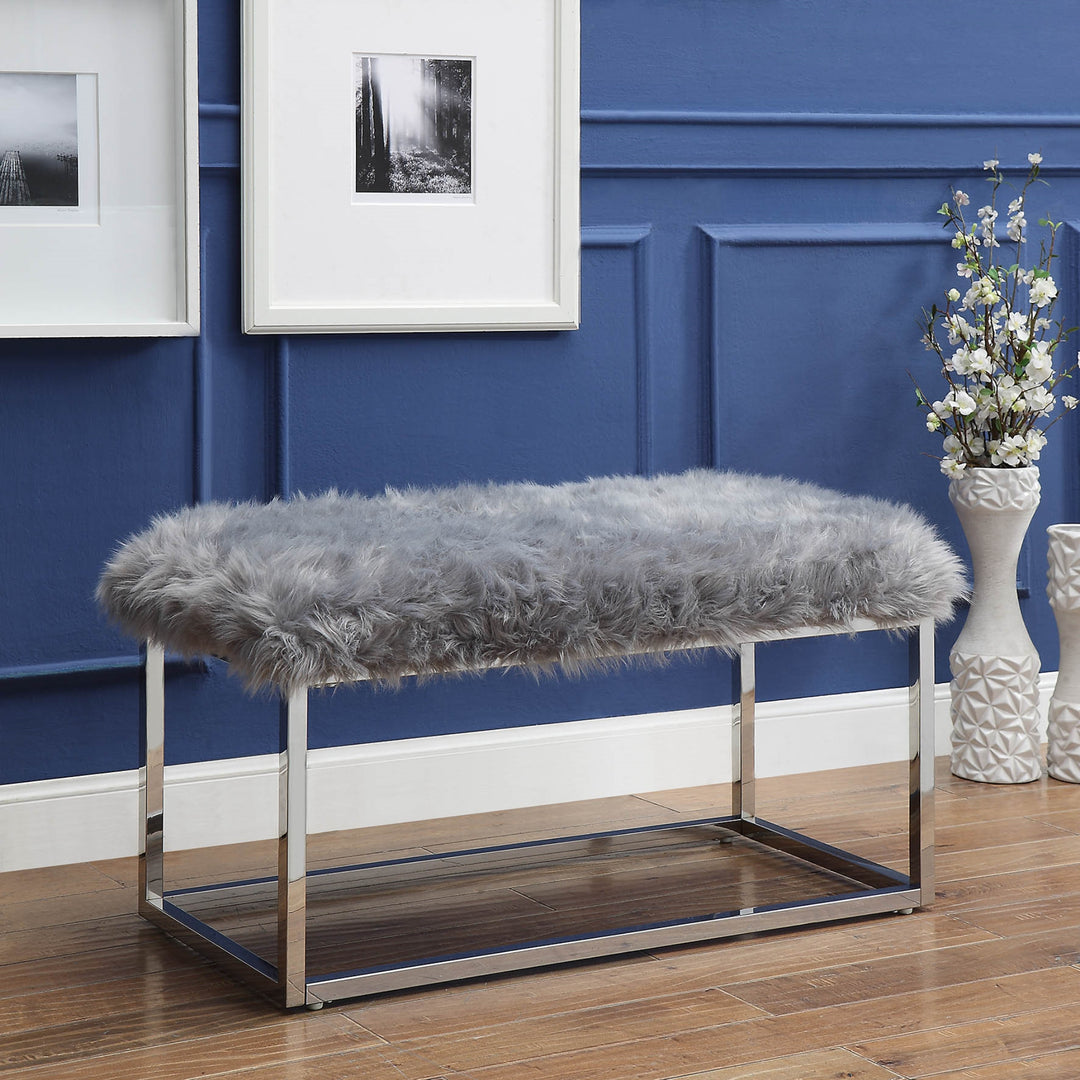 40" Gray And Silver Upholstered Faux Fur Bench