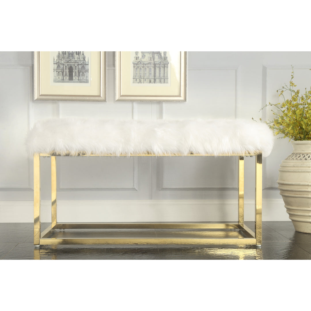 40" White And Gold Upholstered Faux Fur Bench