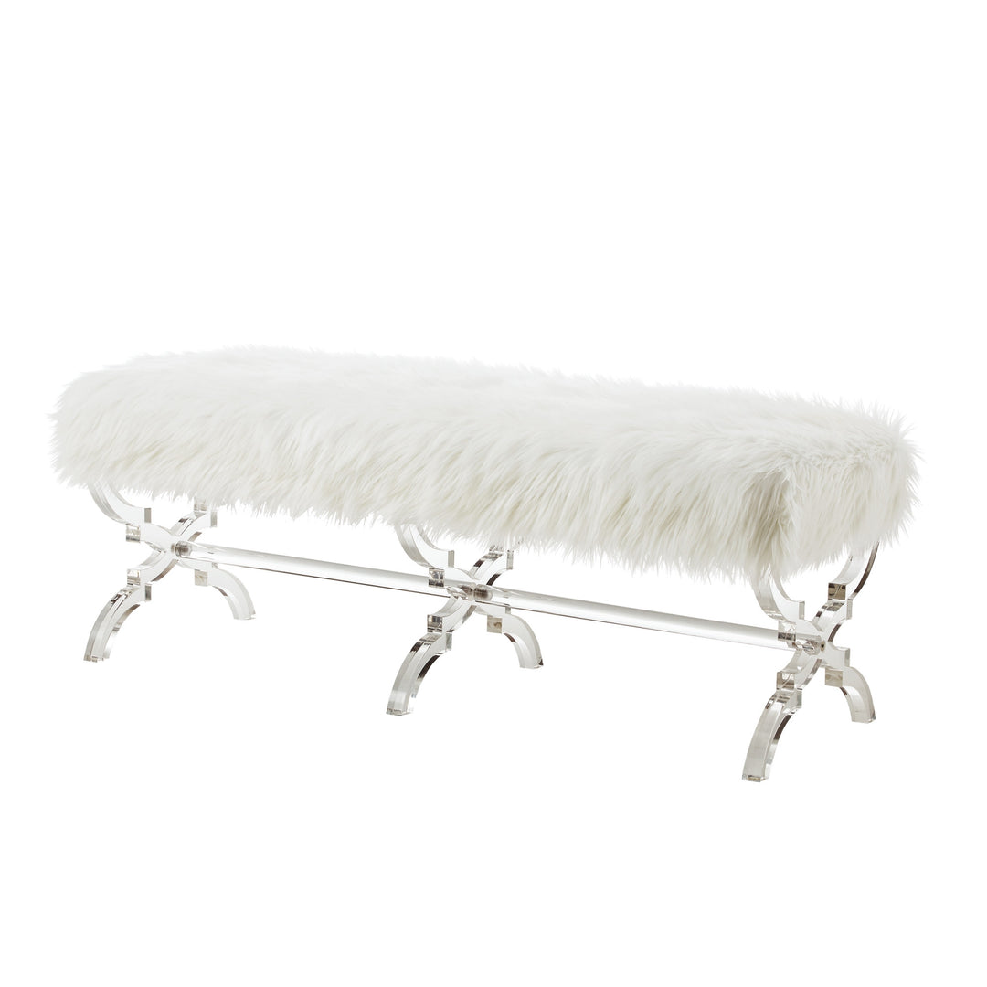 48" Cream And Clear Upholstered Faux Fur Bench