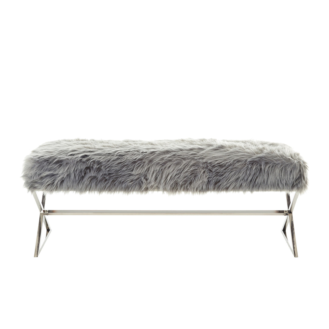 48" Gray And Silver Upholstered Faux Fur Bench