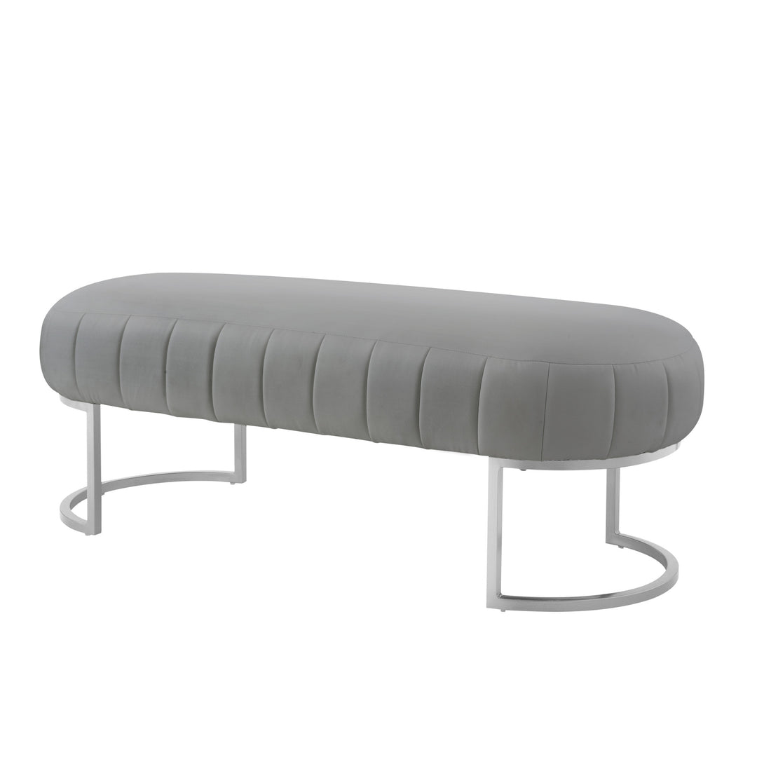 53" Gray And Silver Upholstered Faux Leather Bench