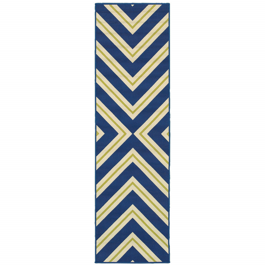 2' X 8' Navy Geometric Stain Resistant Indoor Outdoor Area Rug