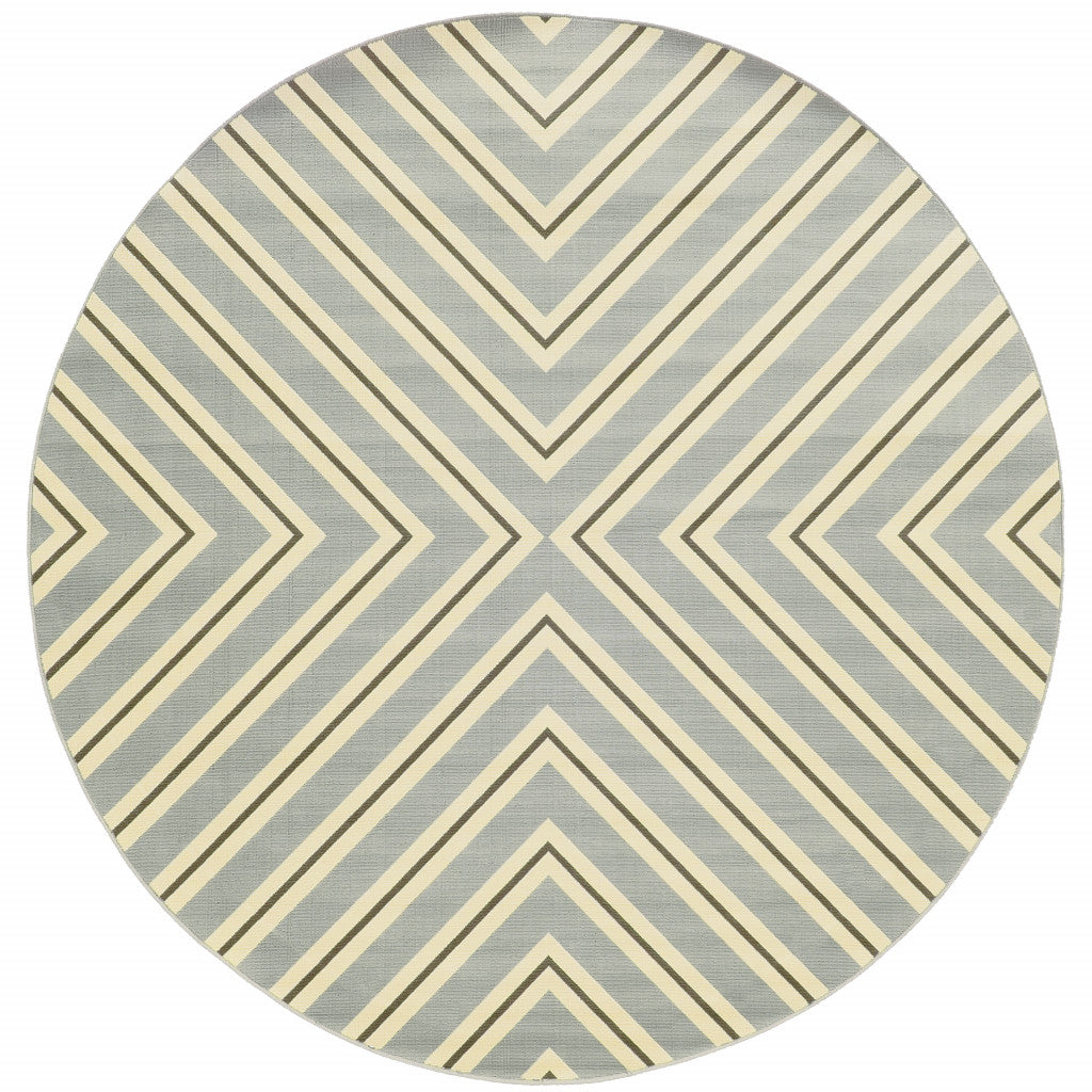 8' Round Grey Round Geometric Stain Resistant Indoor Outdoor Area Rug