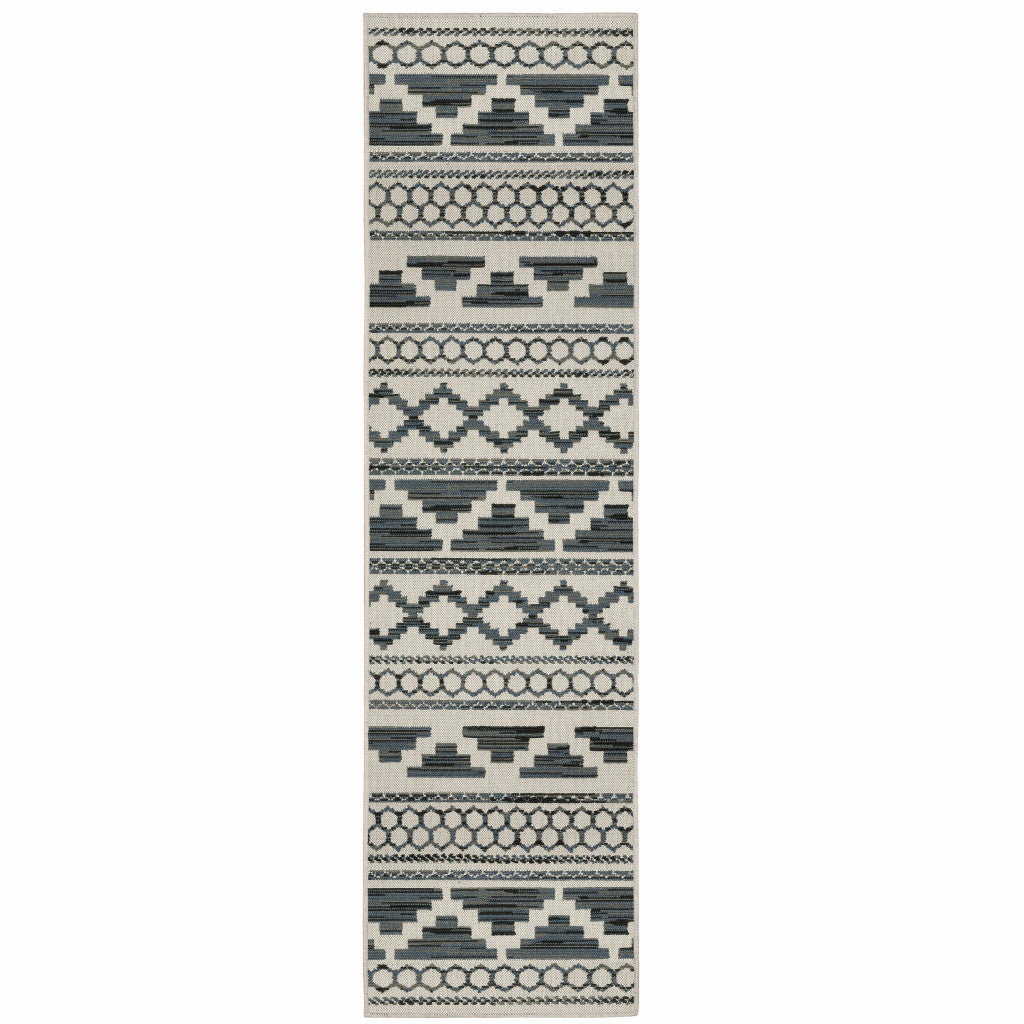 2' X 7' Beige Geometric Stain Resistant Indoor Outdoor Area Rug