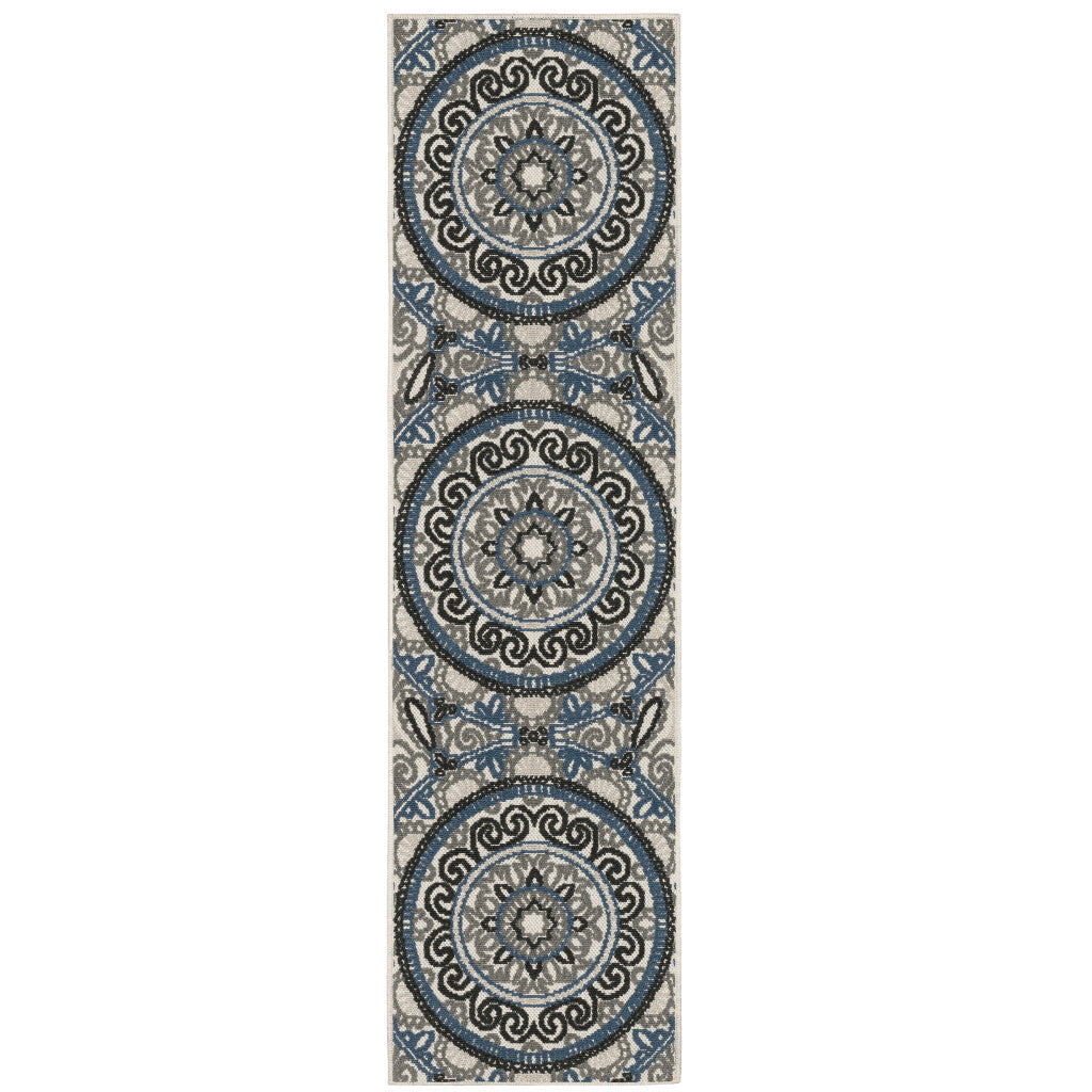 2' X 7' Beige Geometric Stain Resistant Indoor Outdoor Area Rug