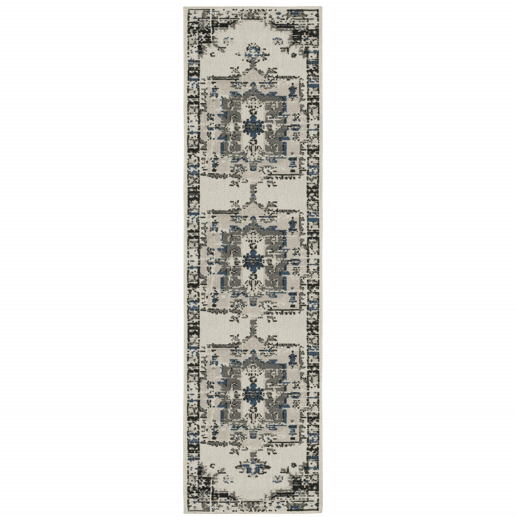 2' X 7' Beige Oriental Stain Resistant Indoor Outdoor Area Rug