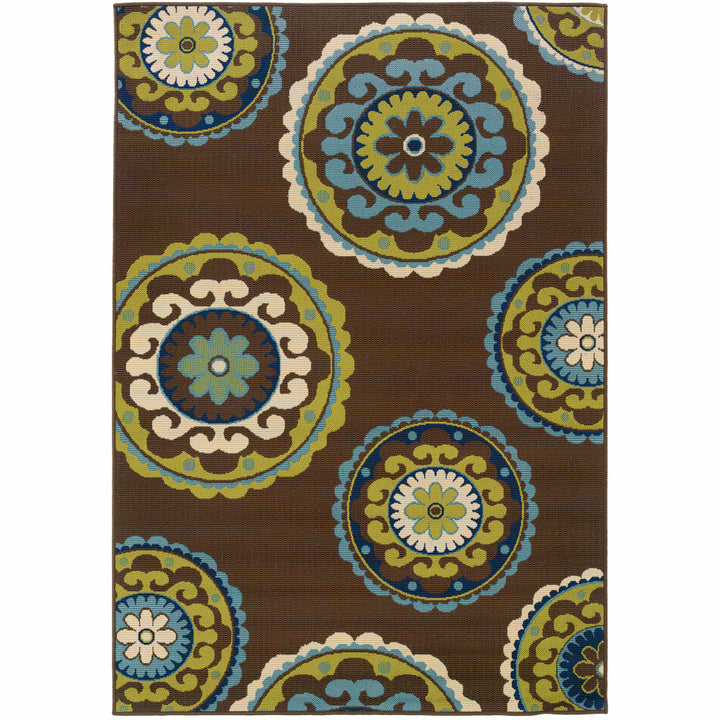 5' X 8' Brown Floral Medallion Stain Resistant Indoor Outdoor Area Rug