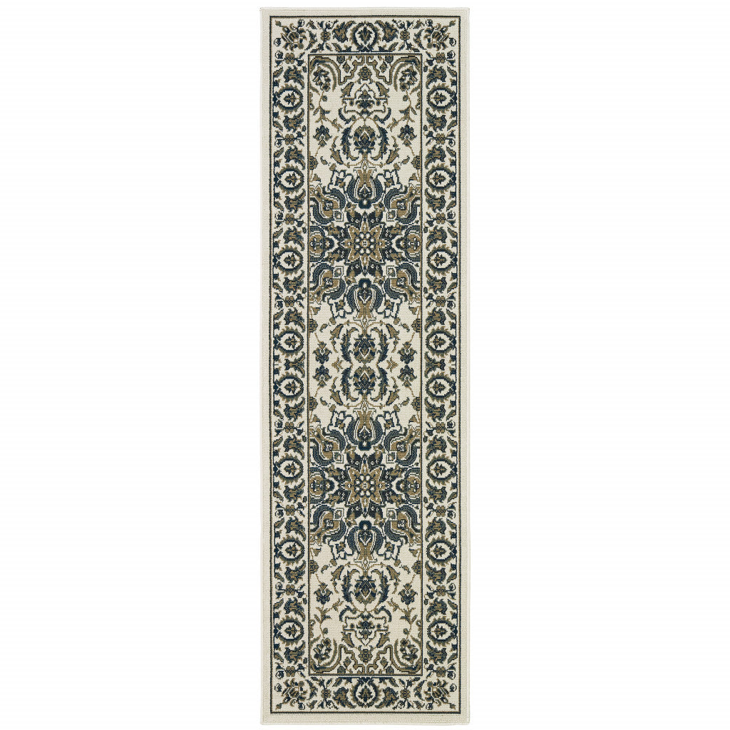 2' X 8' Ivory Oriental Stain Resistant Indoor Outdoor Area Rug