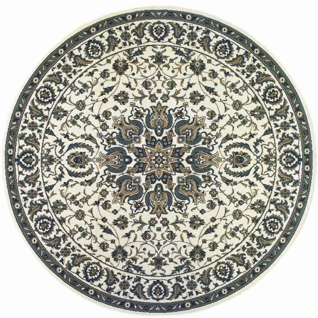 8' Round Ivory Round Oriental Stain Resistant Indoor Outdoor Area Rug