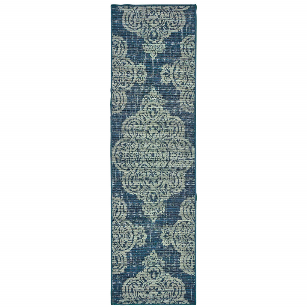 2' X 8' Navy Oriental Stain Resistant Indoor Outdoor Area Rug