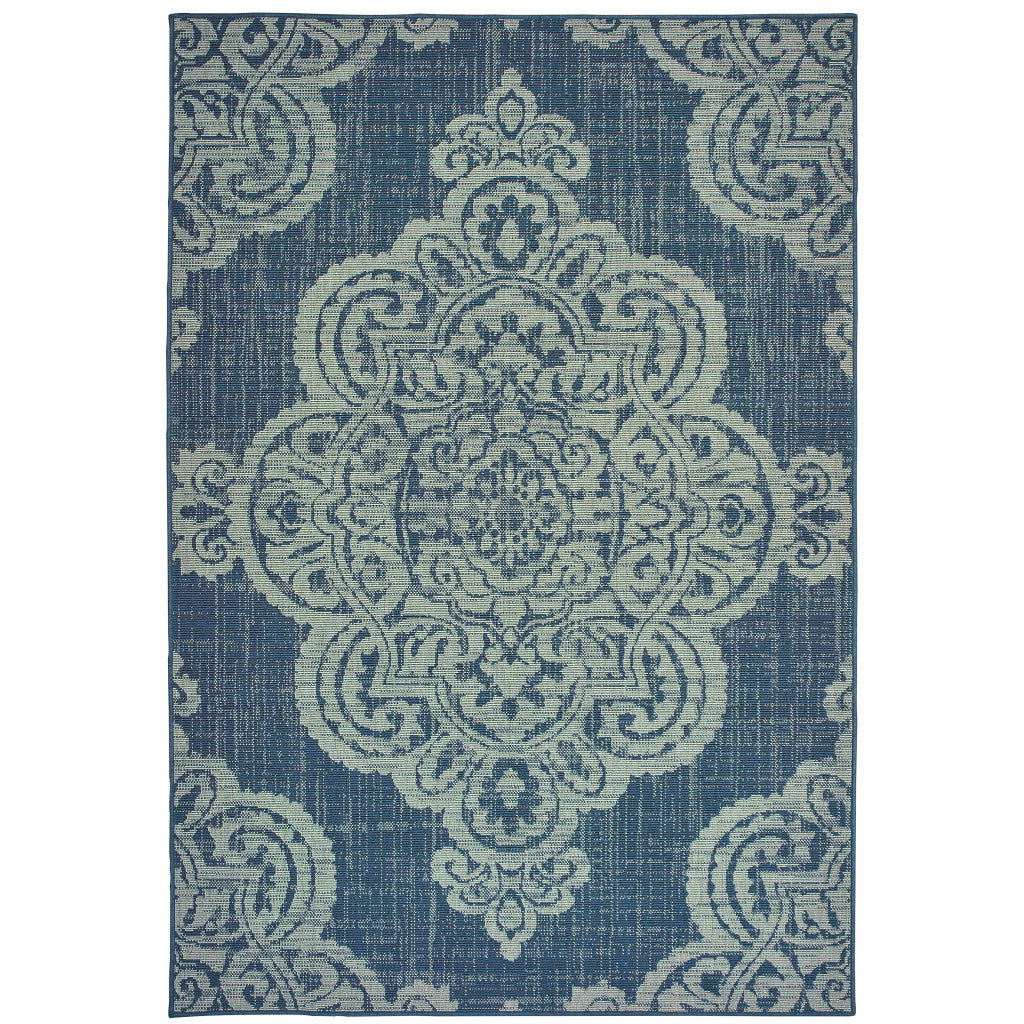 8' X 11' Navy Oriental Stain Resistant Indoor Outdoor Area Rug