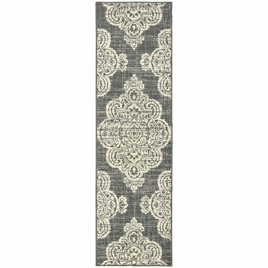 2' X 8' Grey Oriental Stain Resistant Indoor Outdoor Area Rug