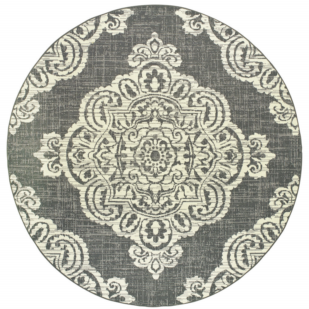 8' Round Grey Round Oriental Stain Resistant Indoor Outdoor Area Rug