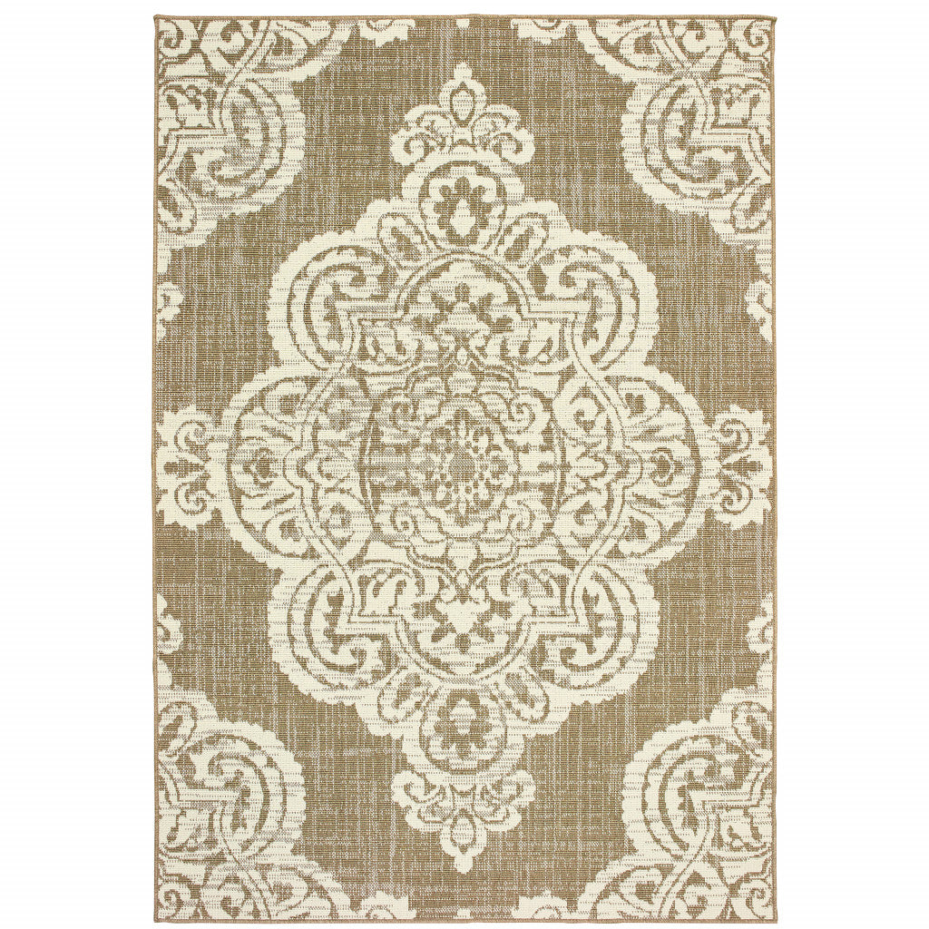 3' X 5' Tan Oriental Stain Resistant Indoor Outdoor Area Rug