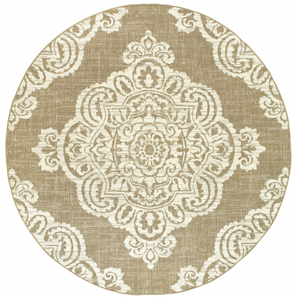 8' Round Tan Round Oriental Stain Resistant Indoor Outdoor Area Rug