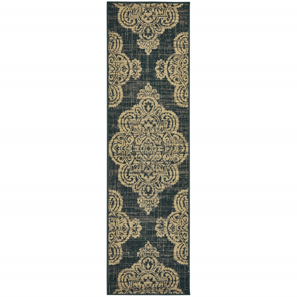 2' X 8' Black Oriental Stain Resistant Indoor Outdoor Area Rug