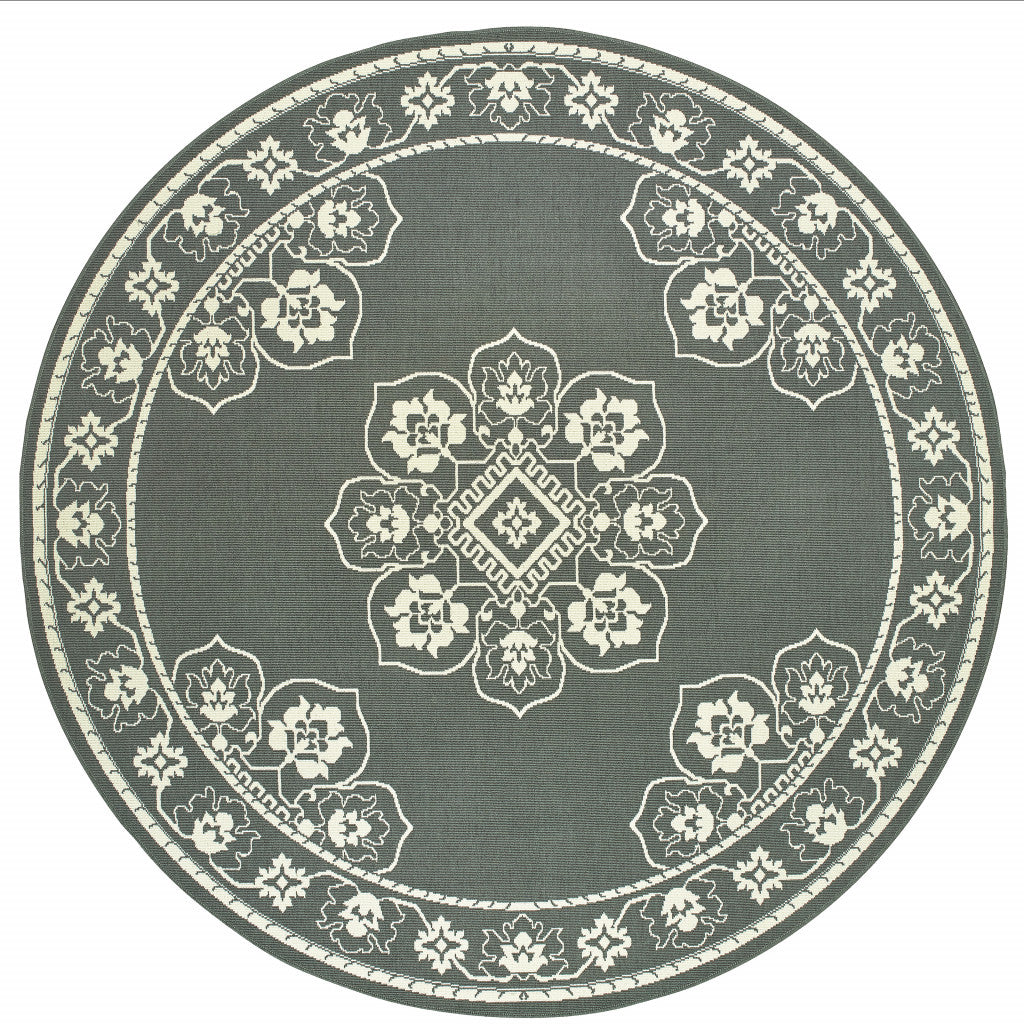 8' Round Grey Round Oriental Stain Resistant Indoor Outdoor Area Rug