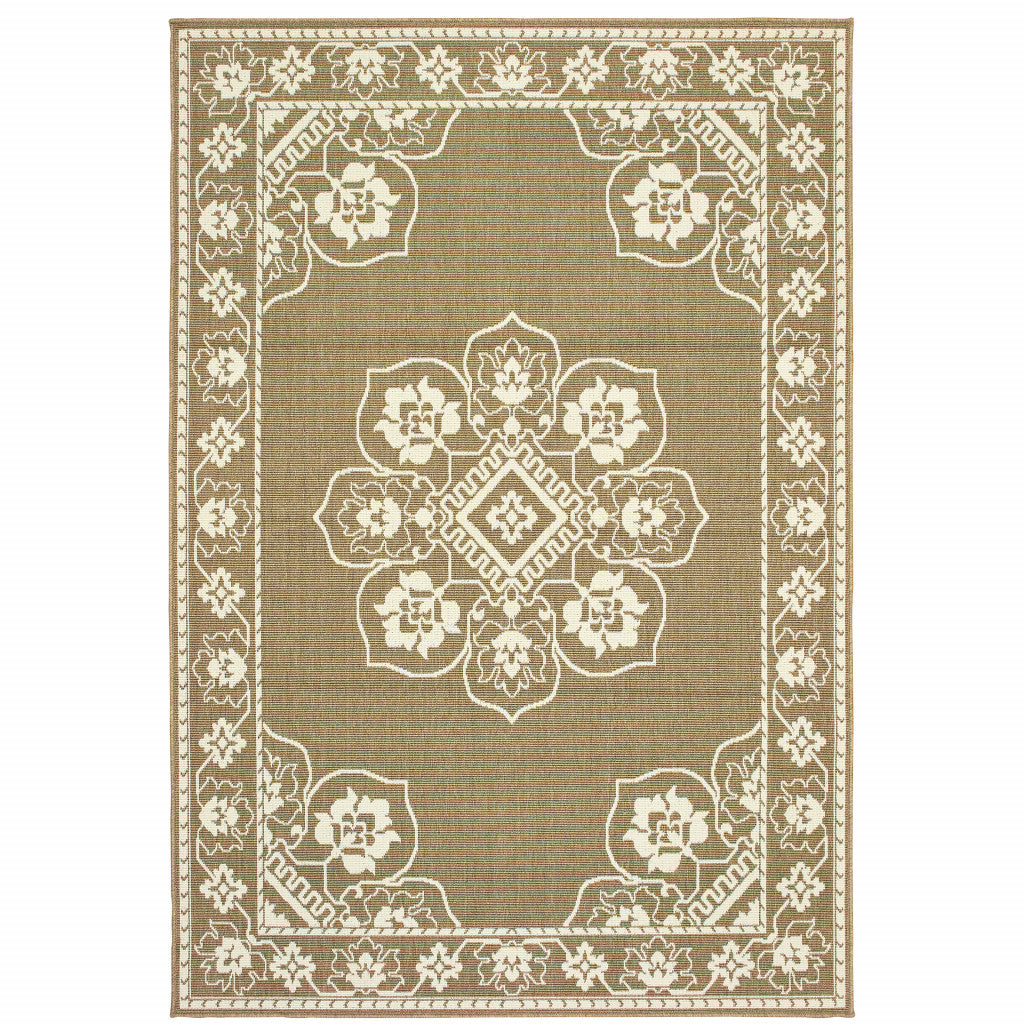 5' X 8' Tan Oriental Stain Resistant Indoor Outdoor Area Rug