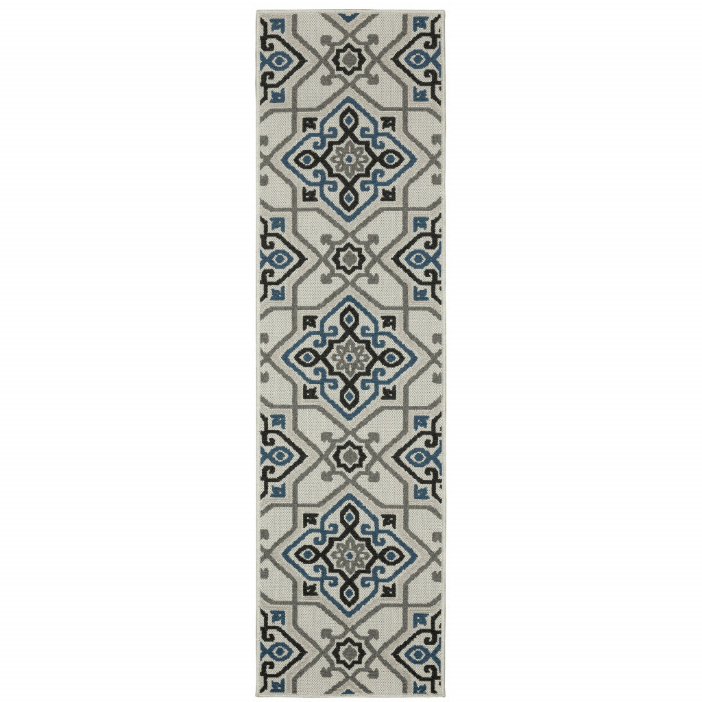 2' X 7' Beige Oriental Stain Resistant Indoor Outdoor Area Rug