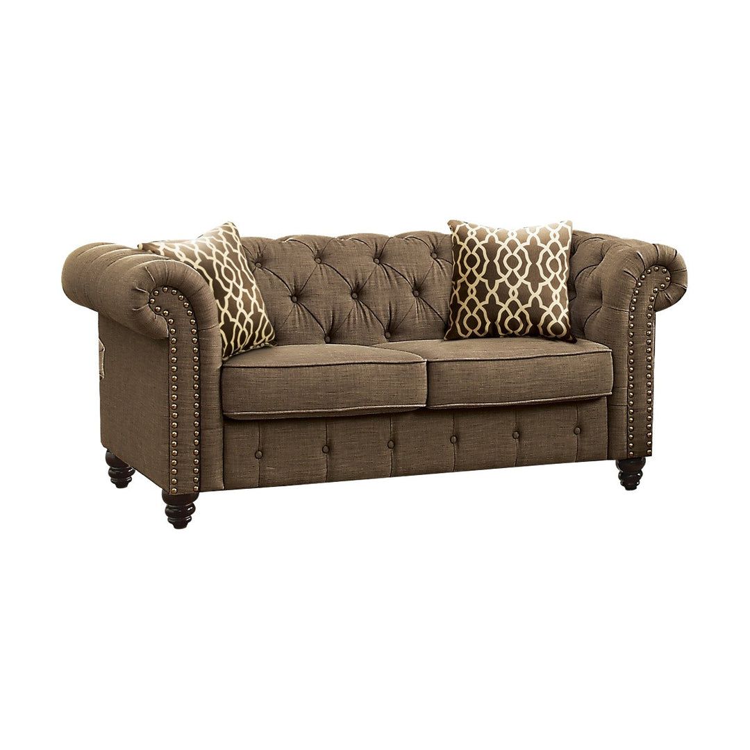 67" Brown 100% Linen And Black Standard Love Seat