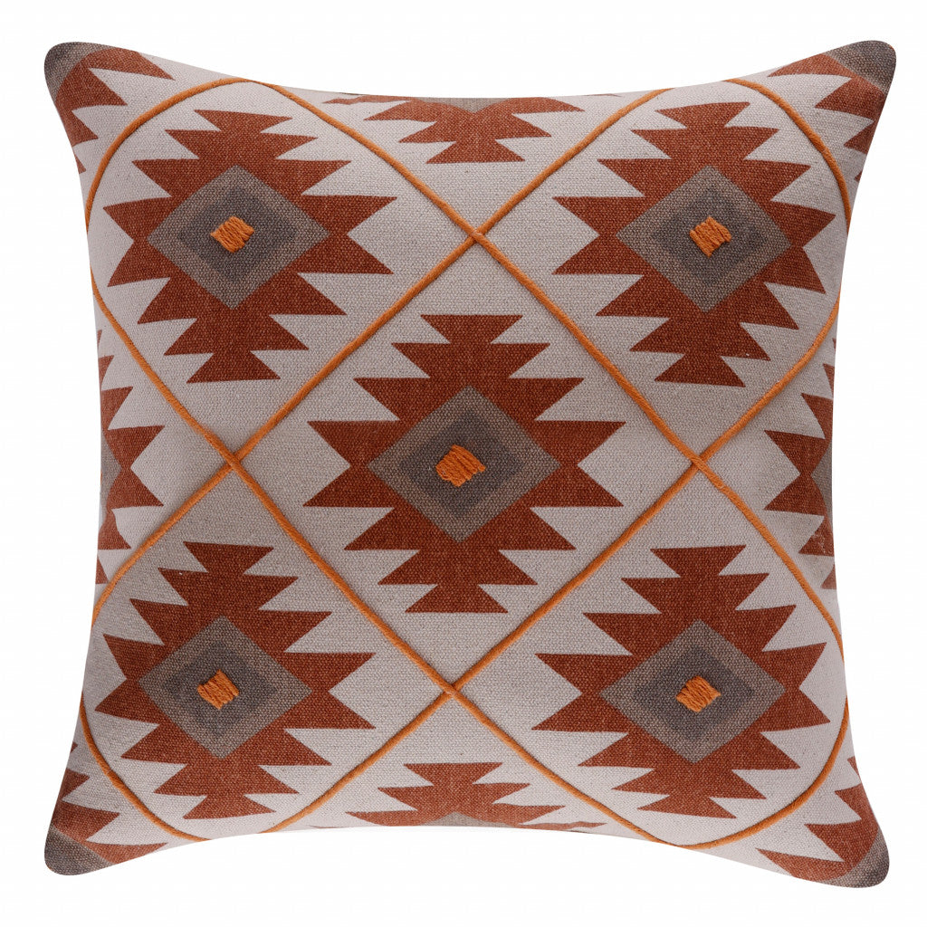 20" X 20" Rust And Off-White 100% Cotton Geometric Zippered Pillow