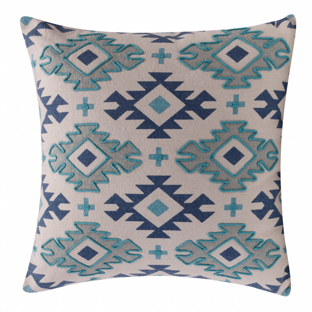 20" X 20" Navy And Light Gray 100% Cotton Geometric Zippered Pillow