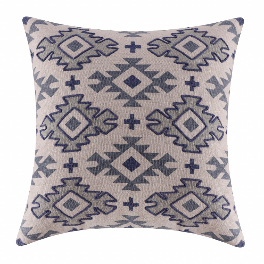 20" X 20" Blue And Gray 100% Cotton Geometric Zippered Pillow