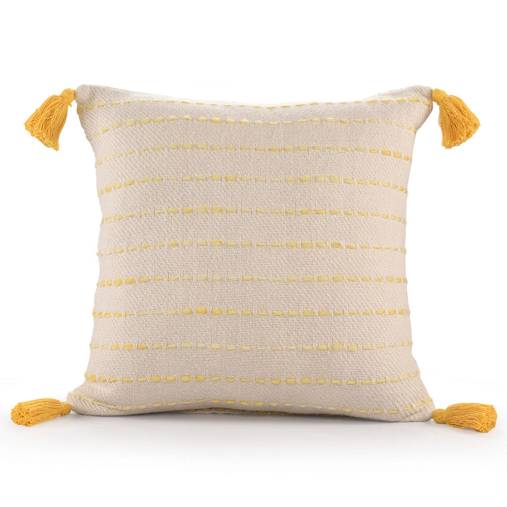 20" X 20" Golden Yellow And Ivory 100% Cotton Striped Zippered Pillow