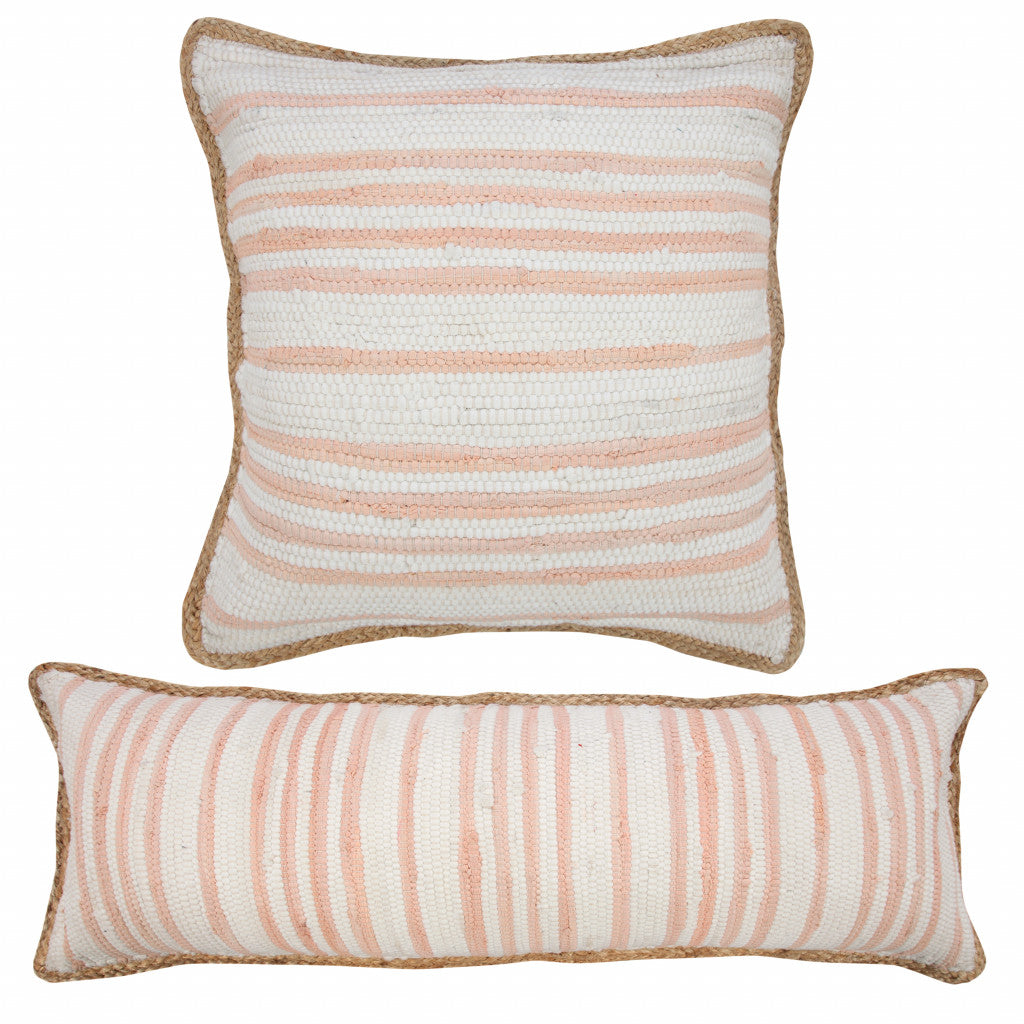 20" X 20" Coral Pink White And Tan 100% Cotton Striped Zippered Pillow