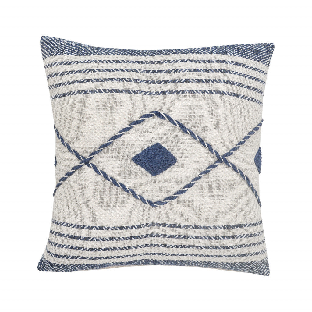 20" X 20" Blue And White 100% Cotton Coastal Zippered Pillow