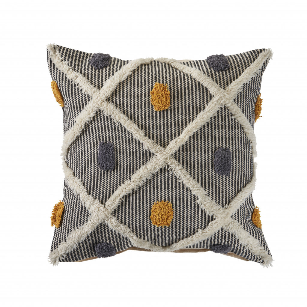 20" X 20" Black Gray Yellow And Off-White 100% Cotton Geometric Zippered Pillow