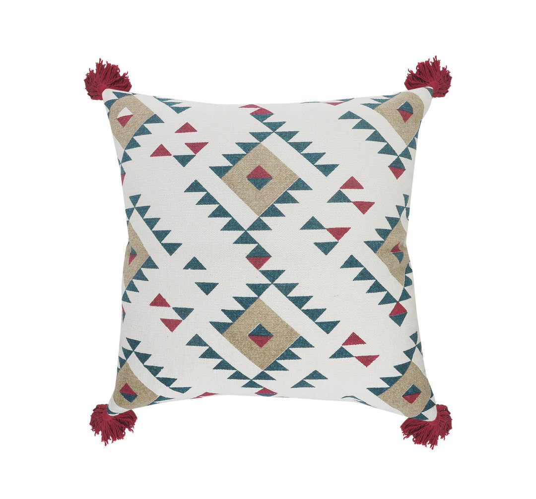 20" X 20" White Burgundy Tan And Teal 100% Cotton Geometric Zippered Pillow