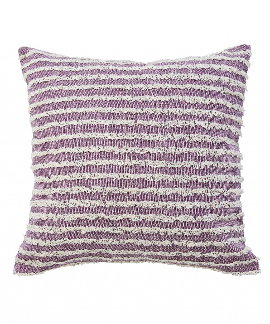 20" X 20" Purple And Cream 100% Cotton Striped Zippered Pillow