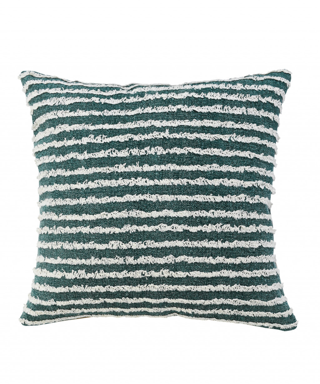 20" X 20" Green And Cream 100% Cotton Striped Zippered Pillow