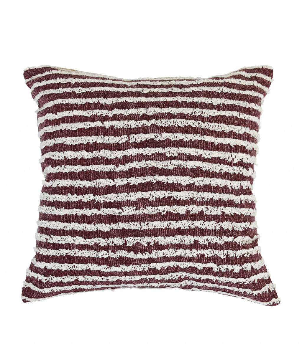 20" X 20" Maroon And Cream 100% Cotton Striped Zippered Pillow