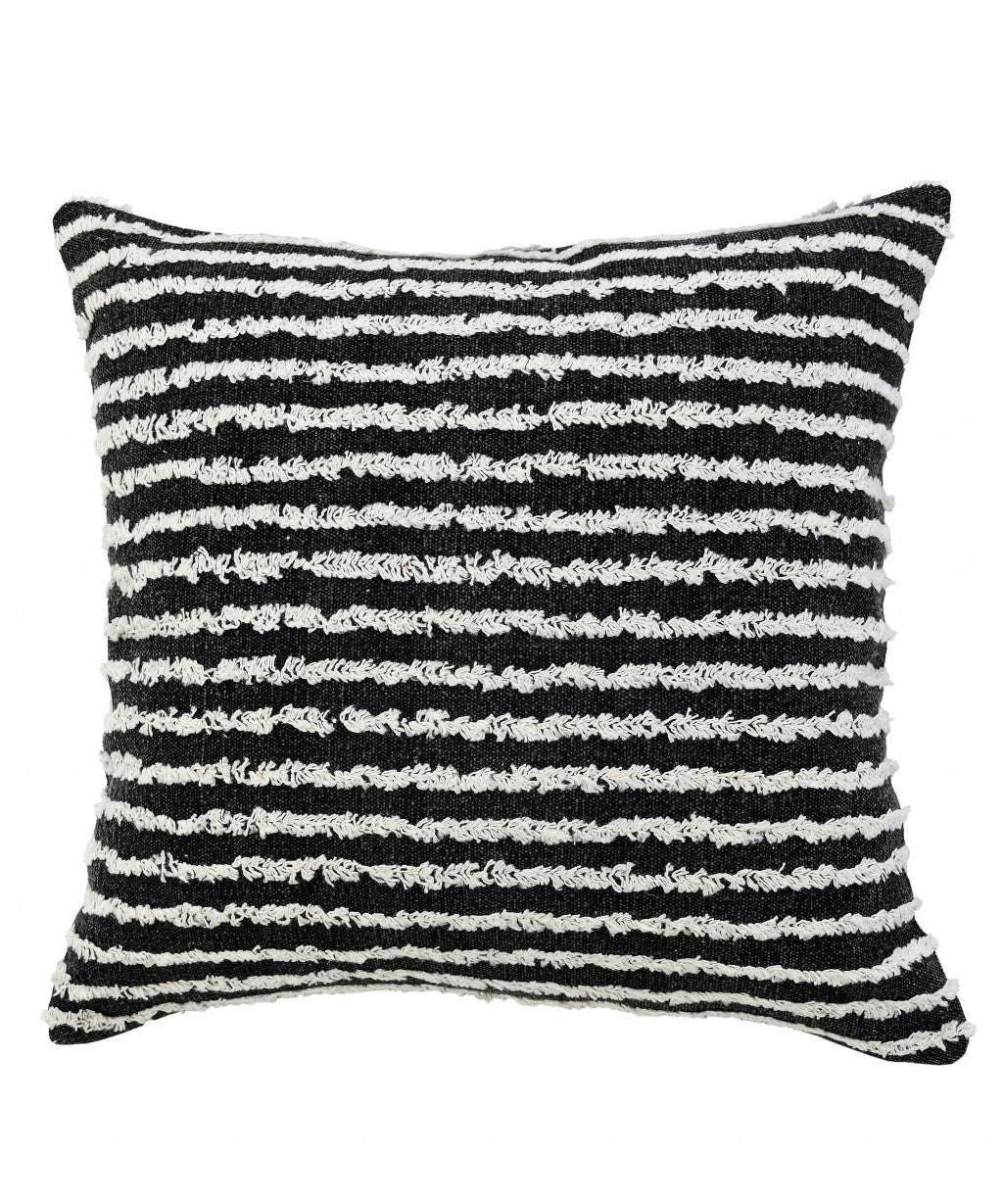 20" X 20" Black And Cream 100% Cotton Striped Zippered Pillow