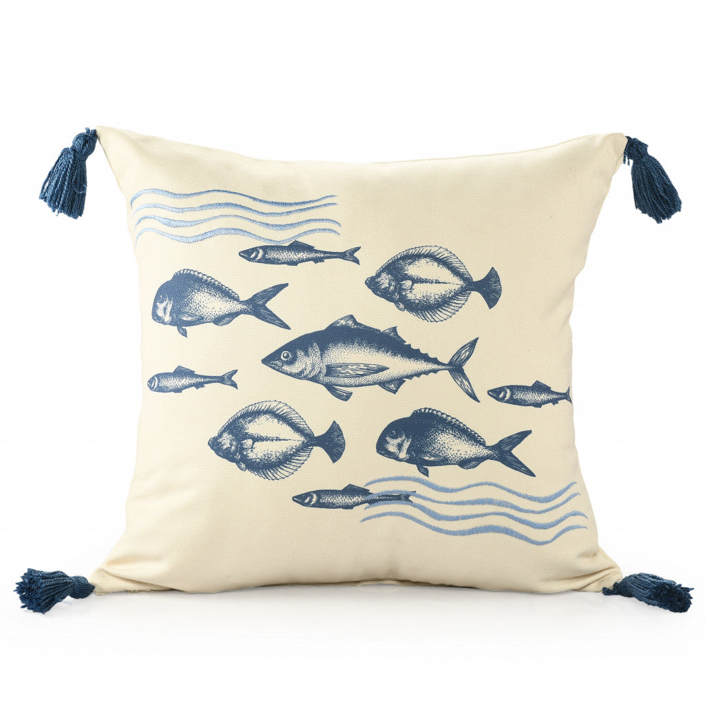 20" X 20" Blue And Cream Fish Polyester Animal Print Zippered Pillow