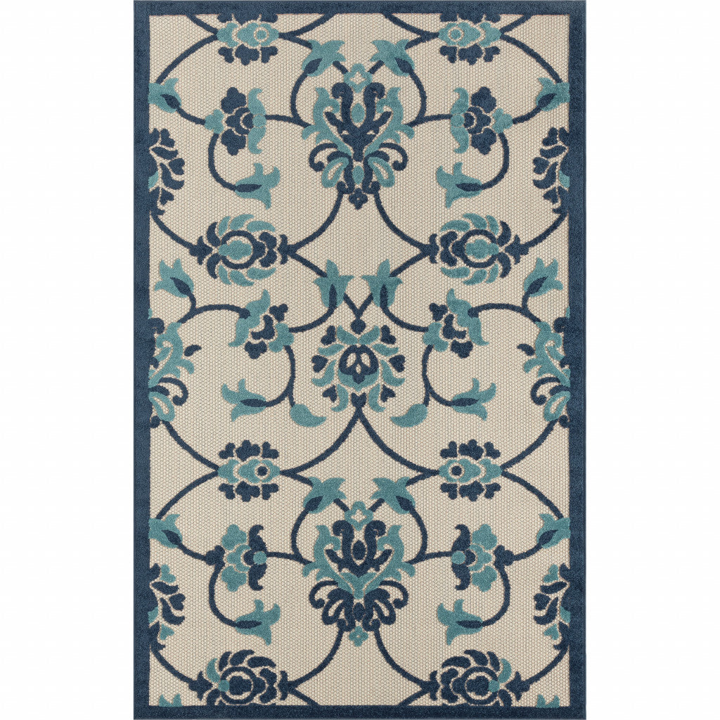 4' X 6' Blue Floral Non Skid Indoor Outdoor Area Rug