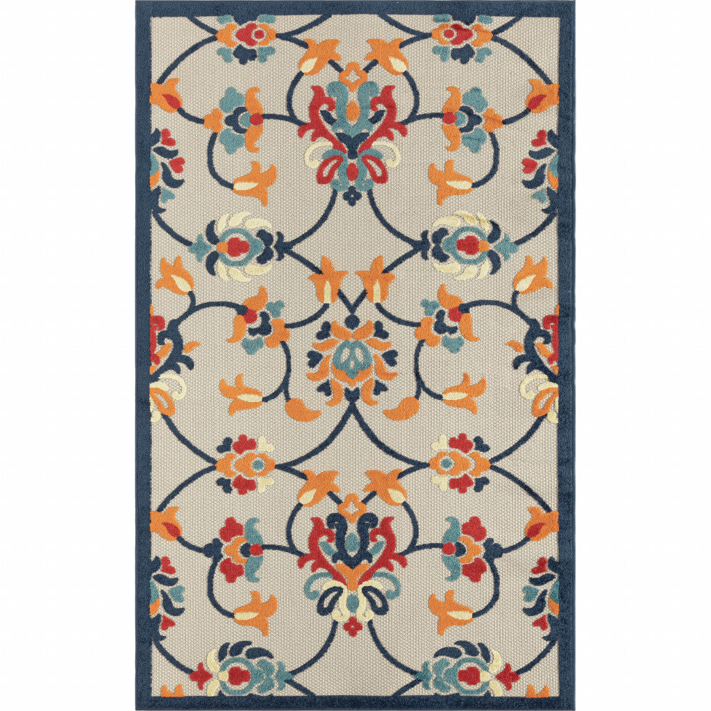 5' X 8' Blue And Orange Floral Non Skid Indoor Outdoor Area Rug