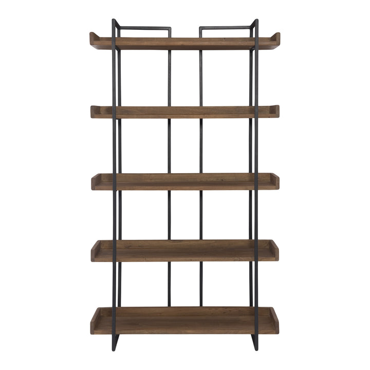 75" Light Brown Solid Wood and Metal Five Tier Industrial Bookcase