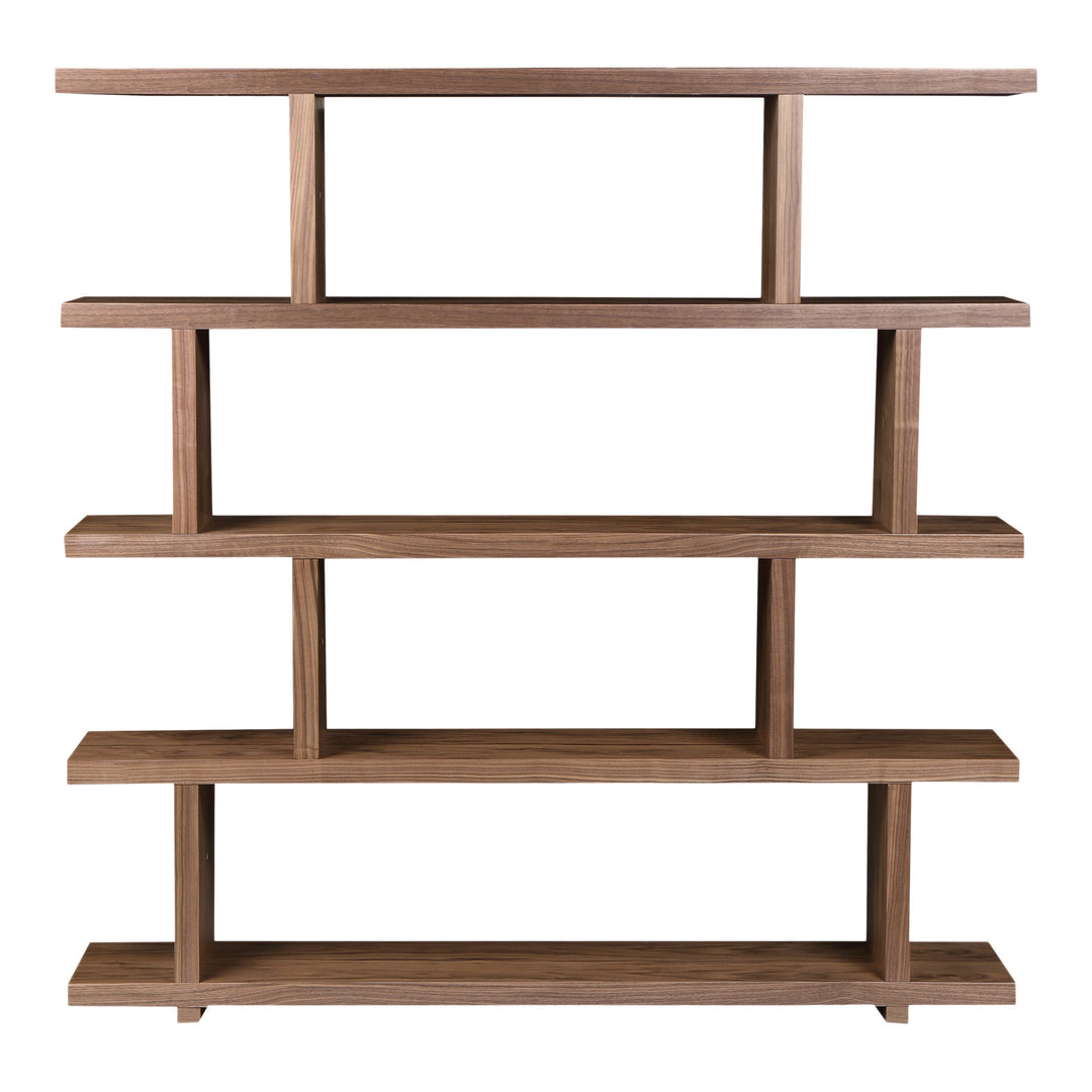 63" Walnut Wood Five Tier Asymmetrical Open Bookcase