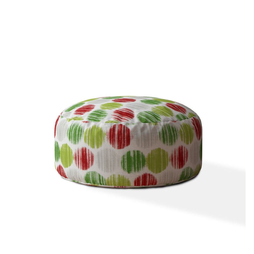 24" Green And White Cotton Round Polka Dots Pouf Ottoman