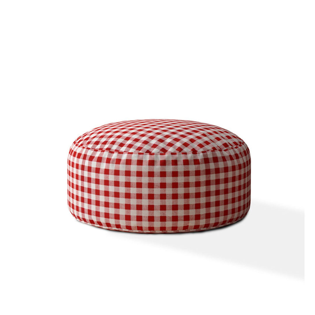 24" Red And White Cotton Round Gingham Pouf Ottoman