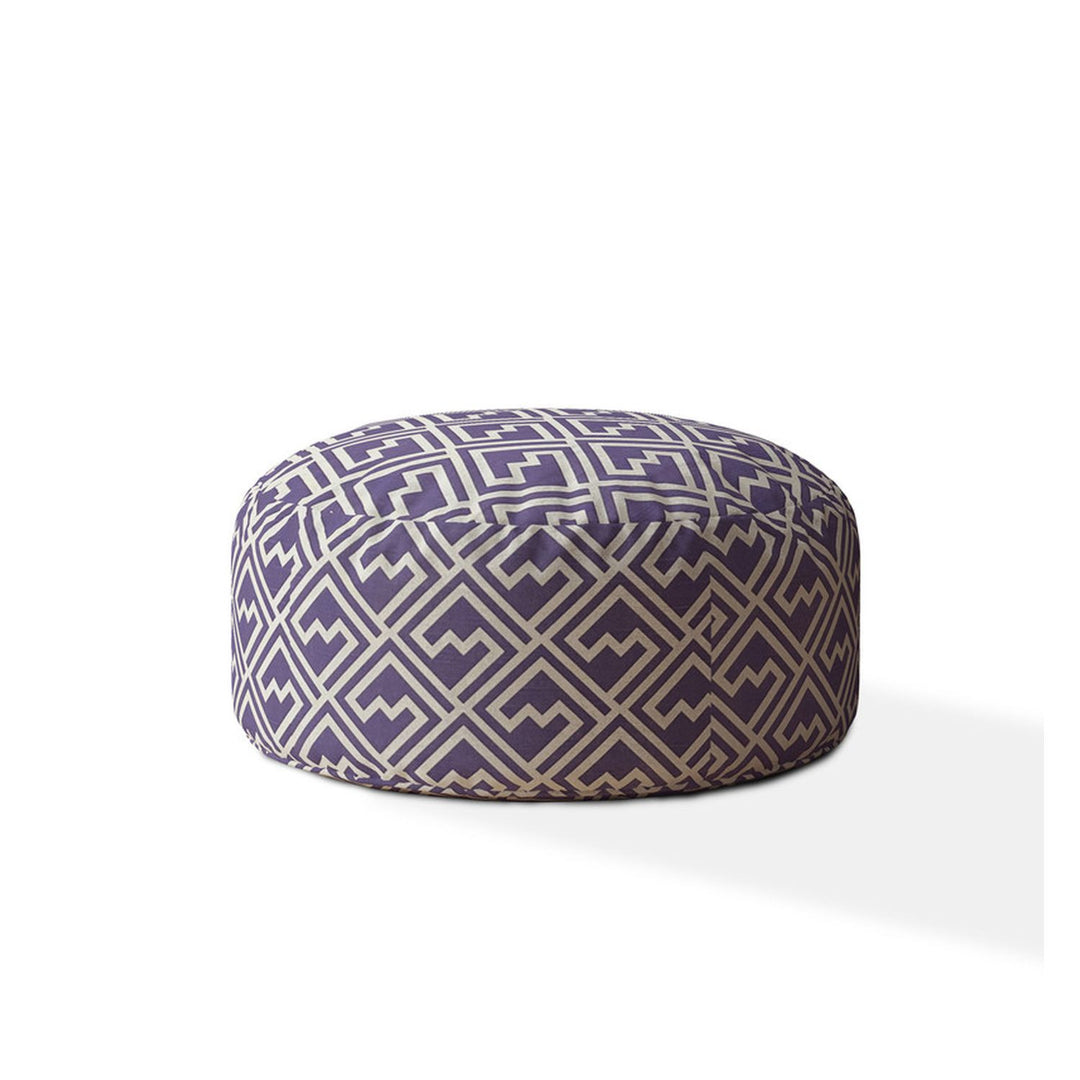 24" Purple And White Cotton Round Damask Pouf Ottoman