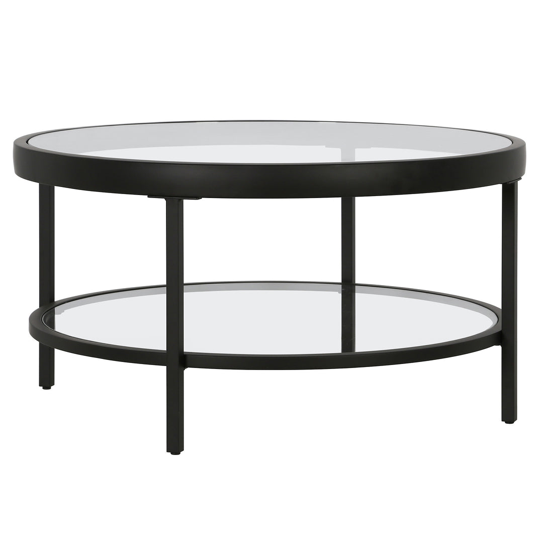 32" Black Glass Round Coffee Table With Shelf