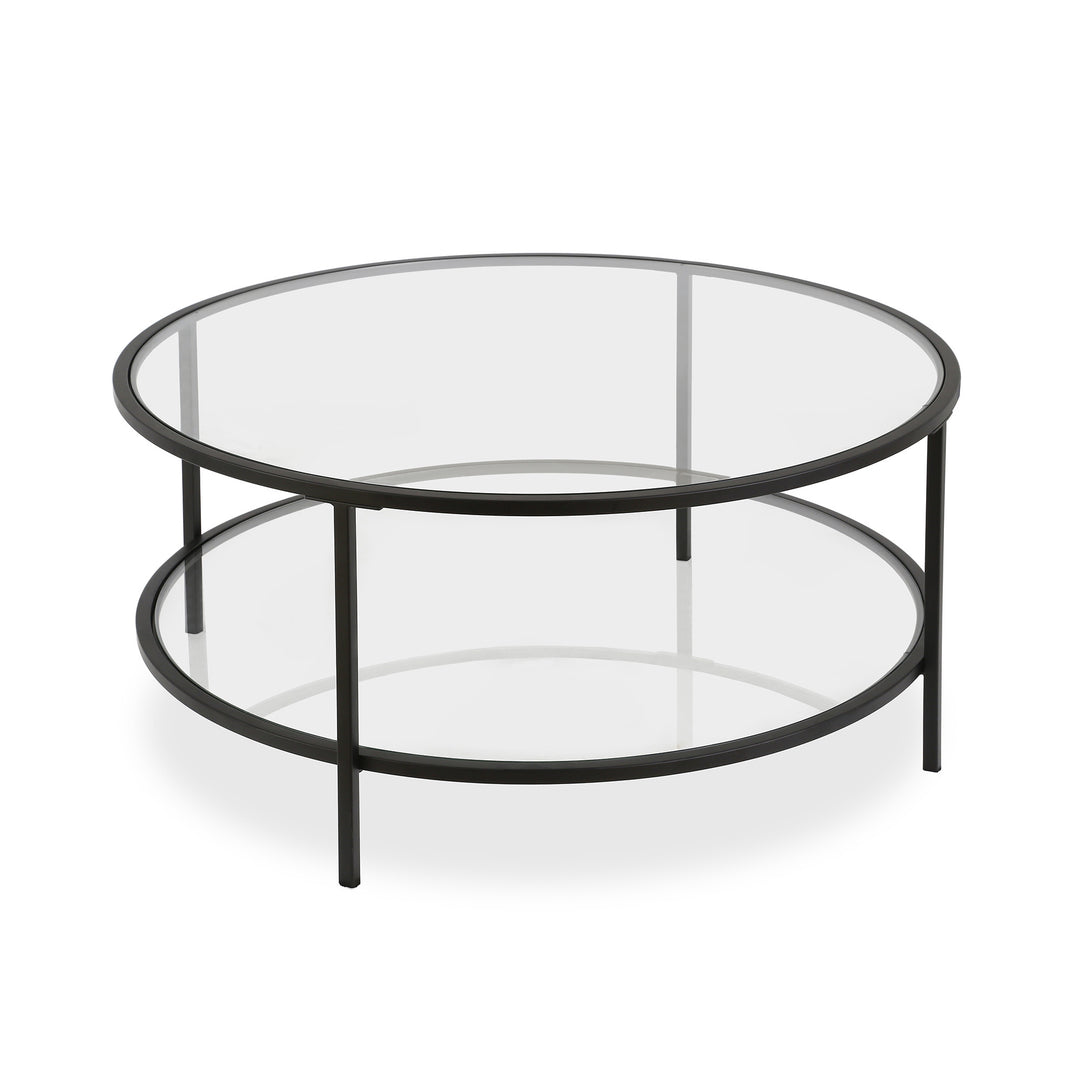 36" Black Glass Round Coffee Table With Shelf