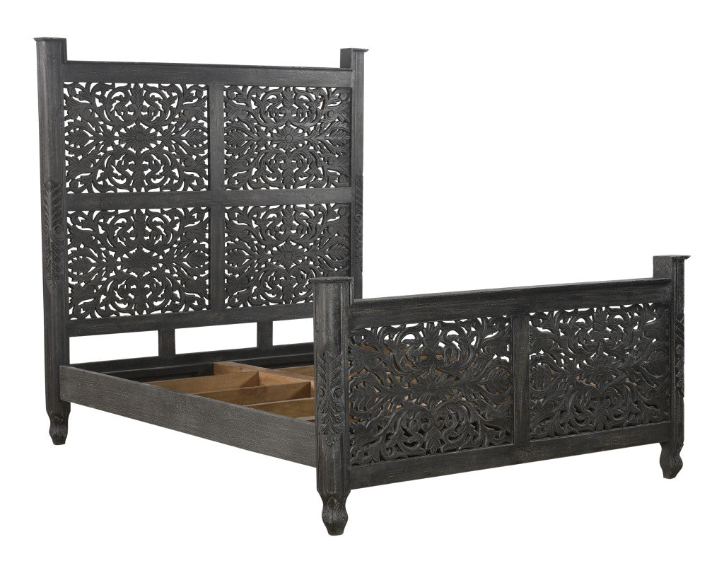 Carved Solid Wood Queen Distressed Black Bed