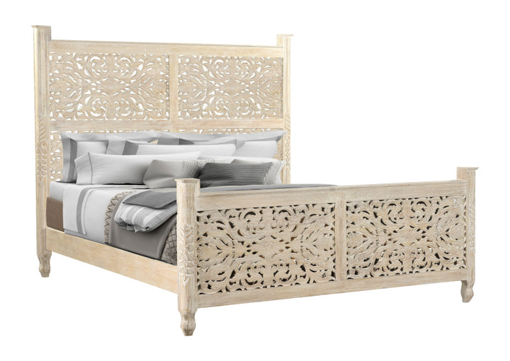 Carved Solid Wood King White Bed