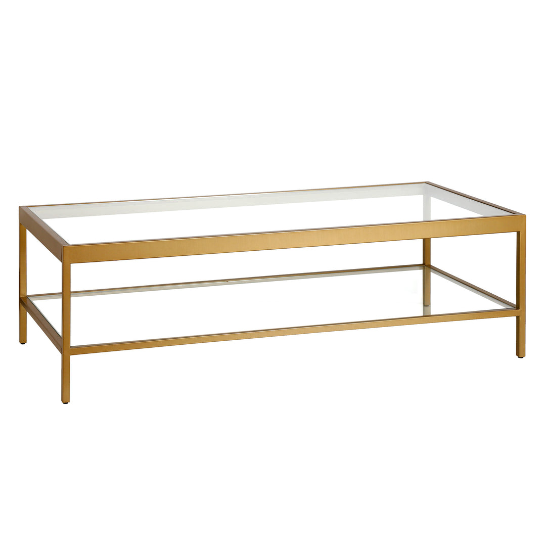 54" Gold Glass Rectangular Coffee Table With Shelf